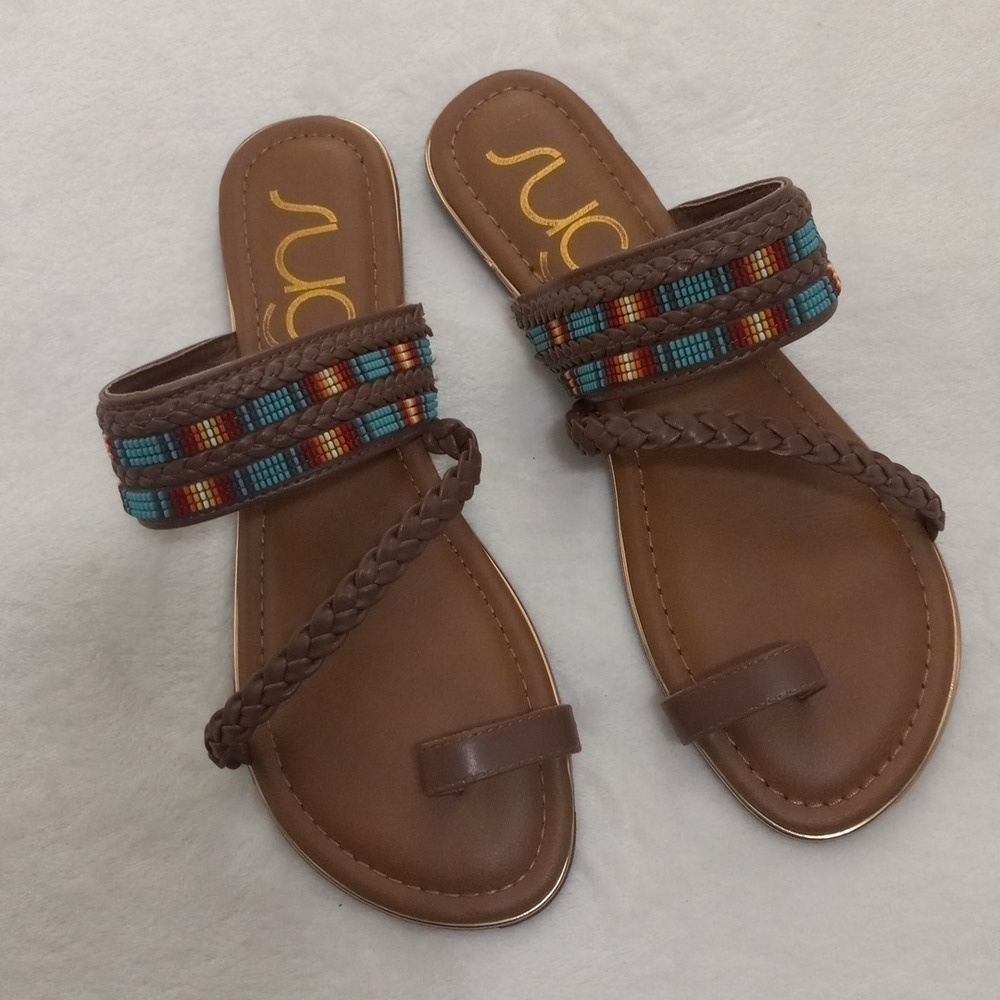Sugar Dawson Bohemian Beaded Faux Leather Brown Slip On Sandals NWOT